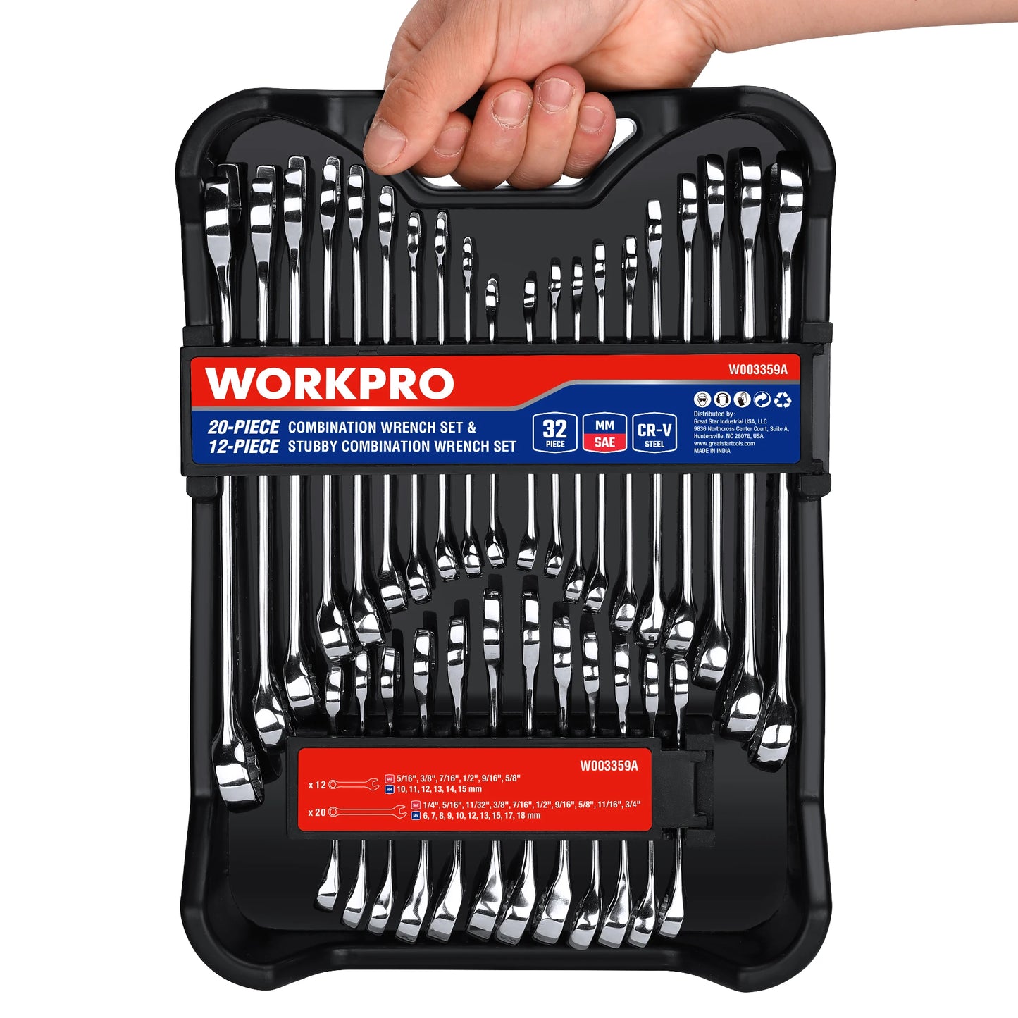 WORKPRO 32-Piece SAE & Metric Wrench Set – 20 Standard & 12 Stubby Wrenches with Organizer