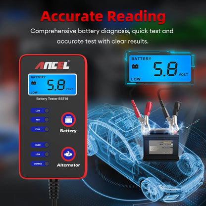 ANCEL BST60 12V Digital Battery Tester – Quick Test for Battery & Alternator Charging with Cigarette Lighter Adapter