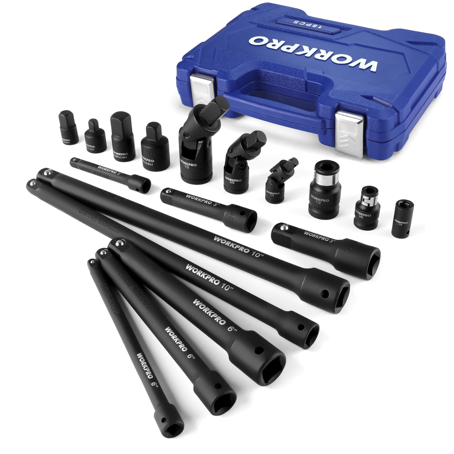 WORKPRO 18-Piece Drive Tool Accessory Set – Includes Socket Adapters, Extension Bars, Swivel Joints & Impact Coupler