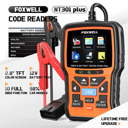 FOXWELL NT301 Plus 2-in-1 OBD2 Scanner & Battery Tester – Engine Code Reader & 12V 100-2000CCA Diagnostic Tool