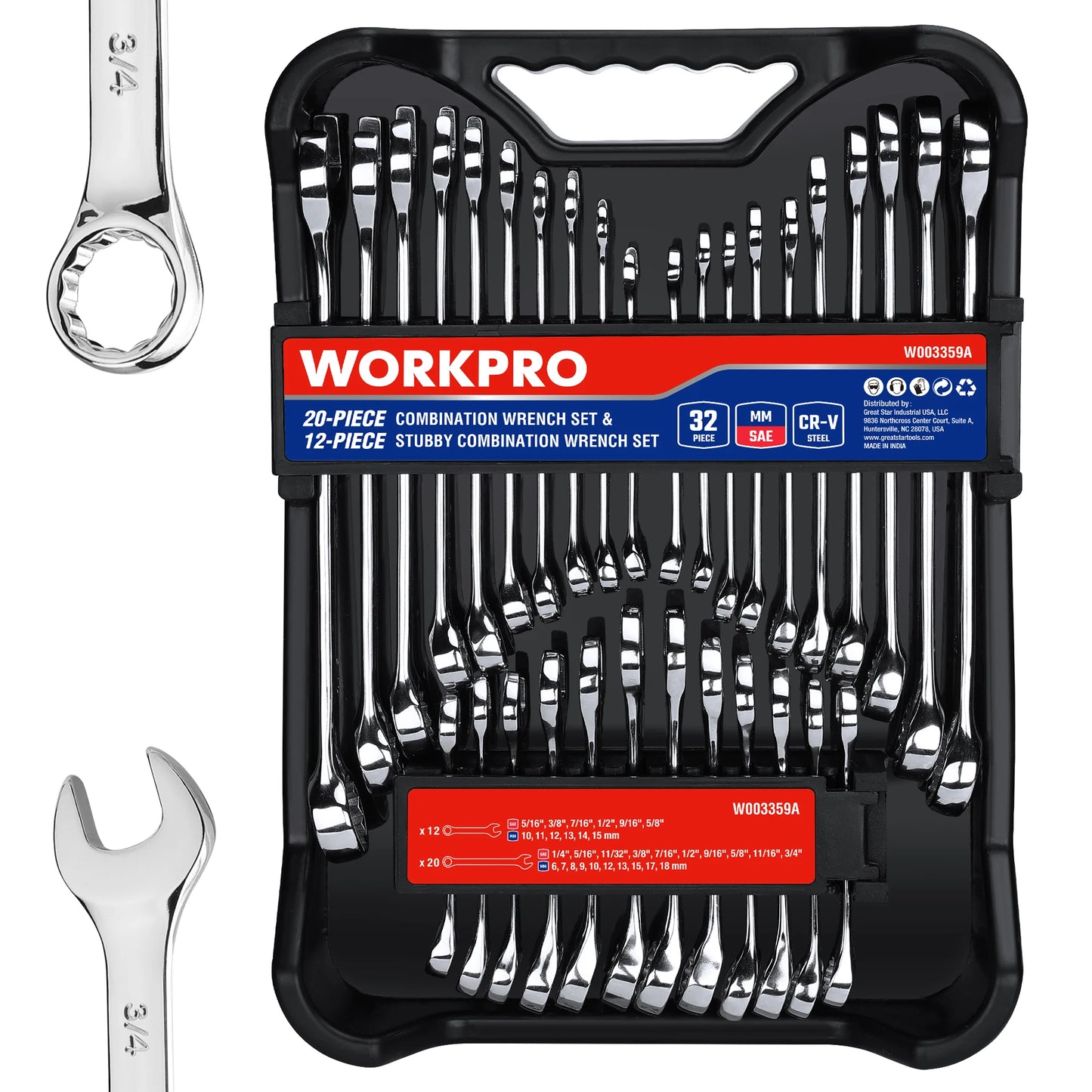 WORKPRO 32-Piece SAE & Metric Wrench Set – 20 Standard & 12 Stubby Wrenches with Organizer