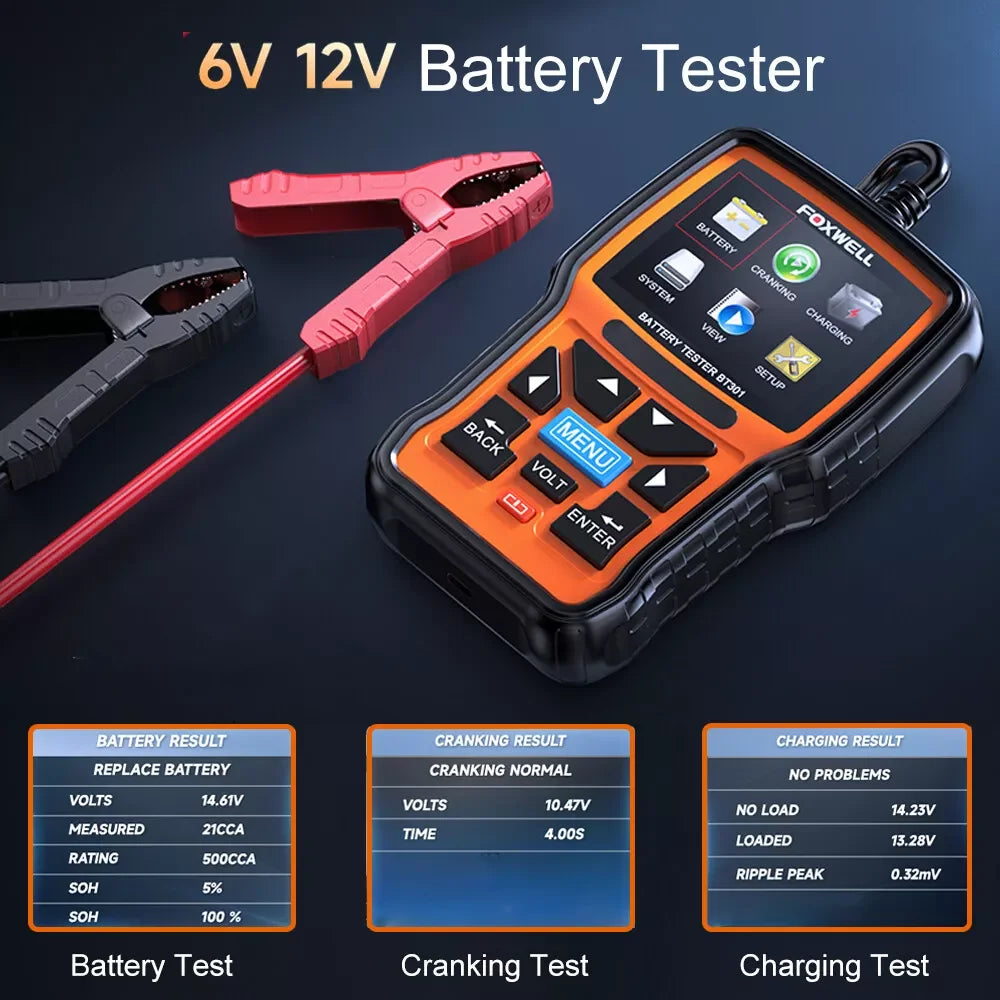 FOXWELL BT301 Car Battery Tester – Digital Analyzer for Battery Load, Cranking, Charging System & Alternator Test