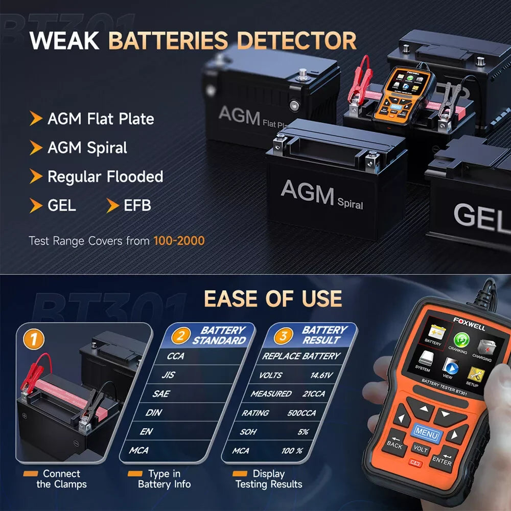 FOXWELL BT301 Car Battery Tester – Digital Analyzer for Battery Load, Cranking, Charging System & Alternator Test