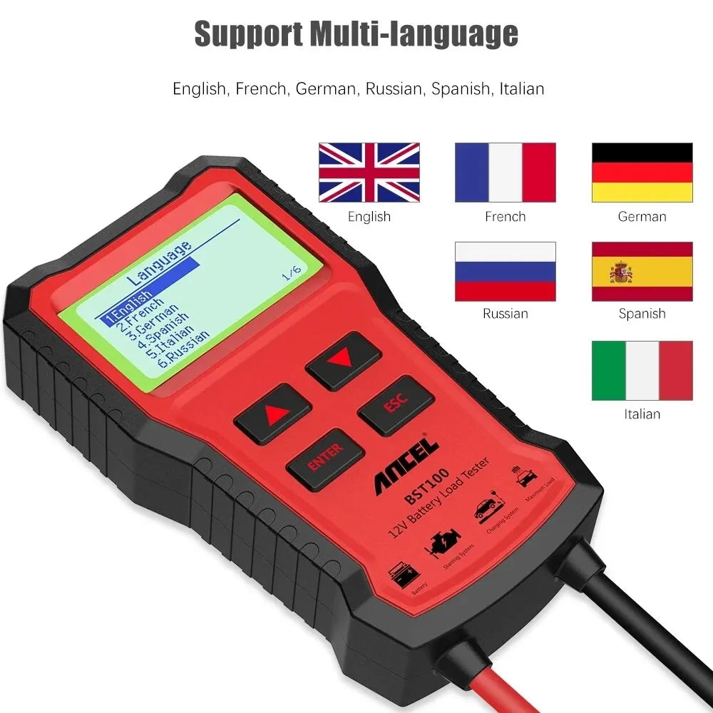 ANCEL BST100 12V Car Battery Tester – Multilingual Analyzer for Cranking, Charging & Circuit Tests