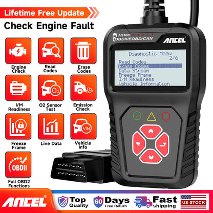 ANCEL AS100 OBD2 Scanner – Vehicle Code Reader for Check Engine Light & Full OBDII/EOBD/CAN Diagnostics, 2.4-inch Display