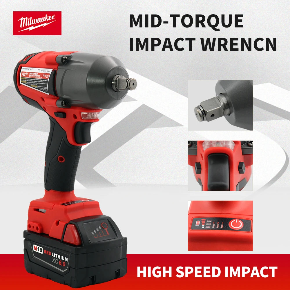 Milwaukee 18V Mid-Torque Impact Wrench – Cordless High-Speed Power Tool with Lithium Battery for Car & Truck Repair