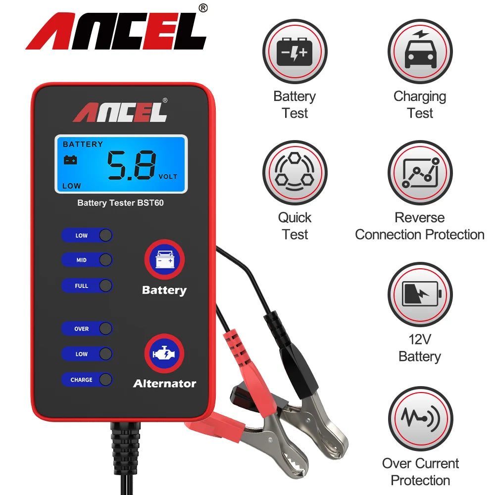 ANCEL BST60 12V Digital Battery Tester – Quick Test for Battery & Alternator Charging with Cigarette Lighter Adapter