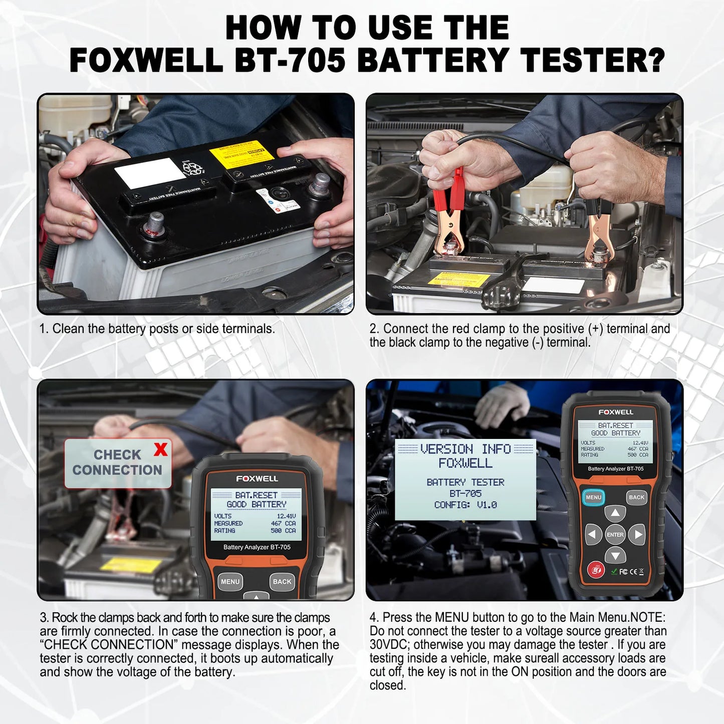 FOXWELL BT705 Car Battery Tester – 12V/24V Digital Analyzer for 100-2000CCA, Battery Load & Charging System Test