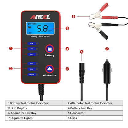 ANCEL BST60 12V Digital Battery Tester – Quick Test for Battery & Alternator Charging with Cigarette Lighter Adapter