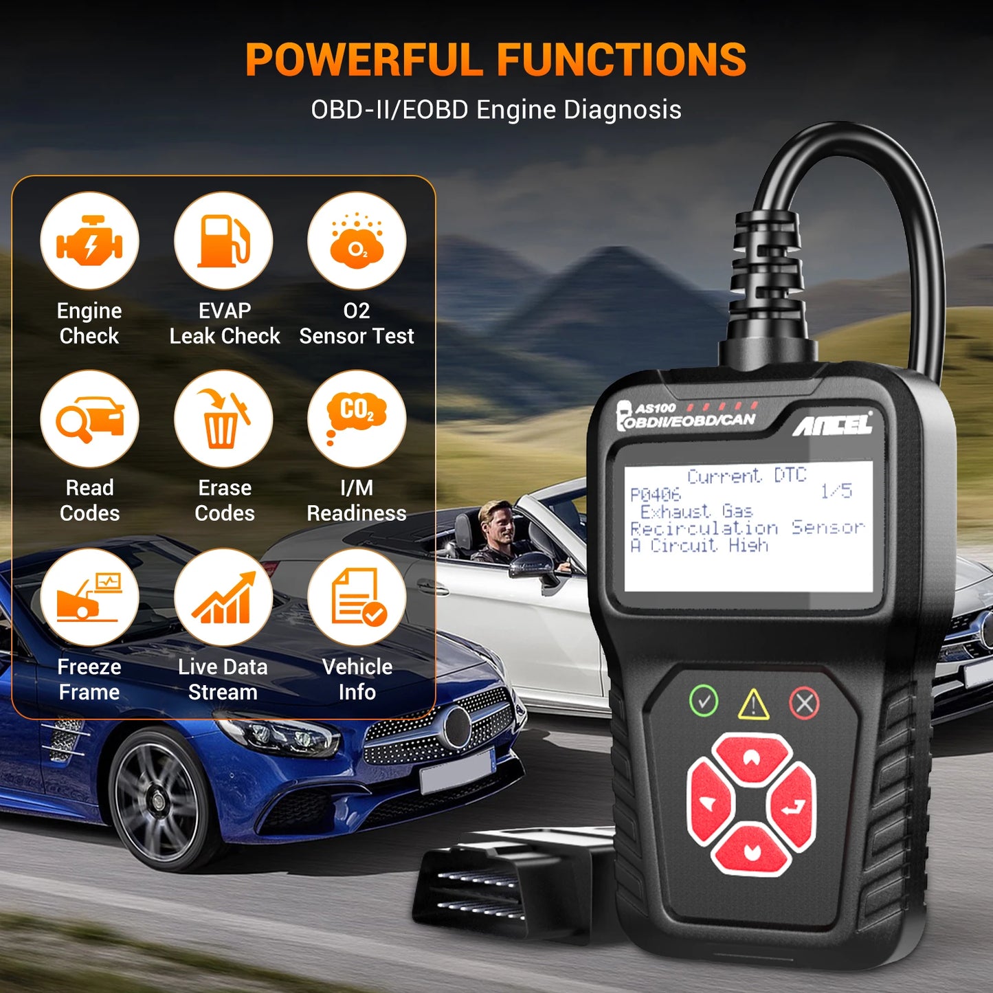 ANCEL AS100 OBD2 Scanner – Vehicle Code Reader for Check Engine Light & Full OBDII/EOBD/CAN Diagnostics, 2.4-inch Display