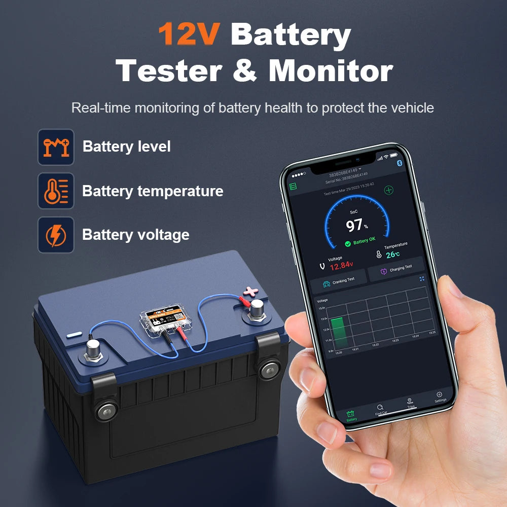 ANCEL BM200 Wireless 12V Battery Monitor – Bluetooth 4.2 Battery Tester for Car Health Tracking via Android & iOS App