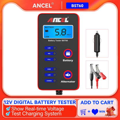 ANCEL BST60 12V Digital Battery Tester – Quick Test for Battery & Alternator Charging with Cigarette Lighter Adapter