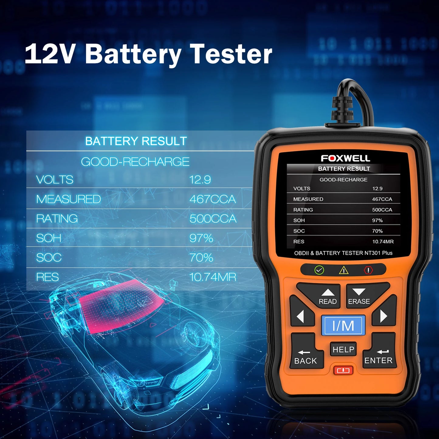 FOXWELL NT301 Plus 2-in-1 OBD2 Scanner & Battery Tester – Engine Code Reader & 12V 100-2000CCA Diagnostic Tool