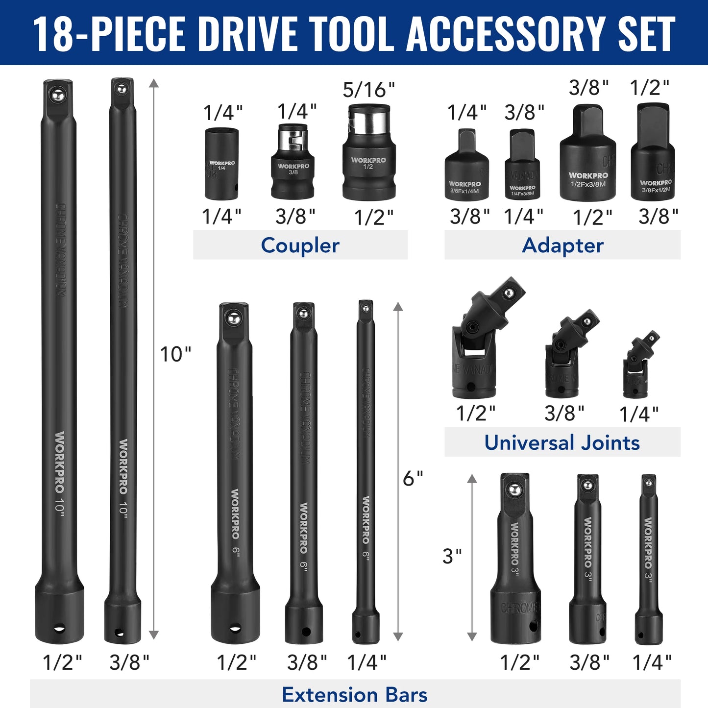 WORKPRO 18-Piece Drive Tool Accessory Set – Includes Socket Adapters, Extension Bars, Swivel Joints & Impact Coupler