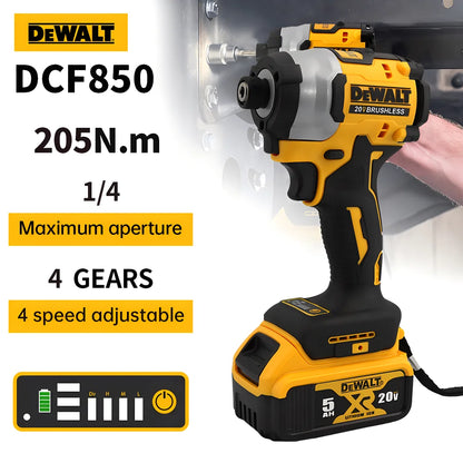 DEWALT DCF850 Cordless Impact Screwdriver – 20V Brushless Electric Drill, 205Nm Torque, Rechargeable & Portable - Tool Only