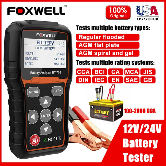 FOXWELL BT705 Car Battery Tester – 12V/24V Digital Analyzer for 100-2000CCA, Battery Load & Charging System Test