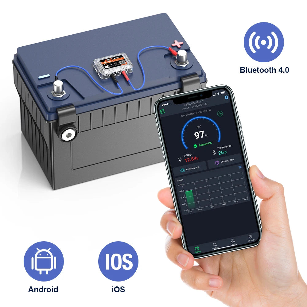 ANCEL BM200 12V Battery Monitor – Wireless Bluetooth Battery Tester with App for Android & iOS