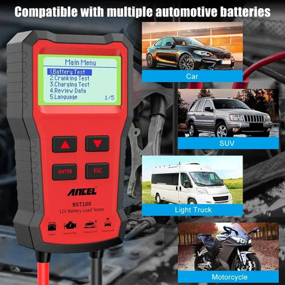 ANCEL BST100 12V Car Battery Tester – Multilingual Analyzer for Cranking, Charging & Circuit Tests