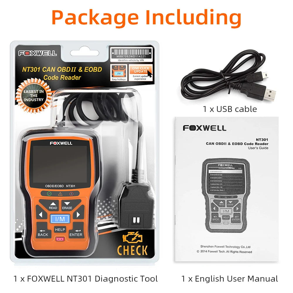 FOXWELL NT301 OBD2 Scanner – Professional Code Reader with Live Data for Check Engine Light Diagnosis