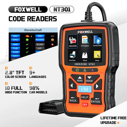 FOXWELL NT301 OBD2 Scanner – Professional Code Reader with Live Data for Check Engine Light Diagnosis