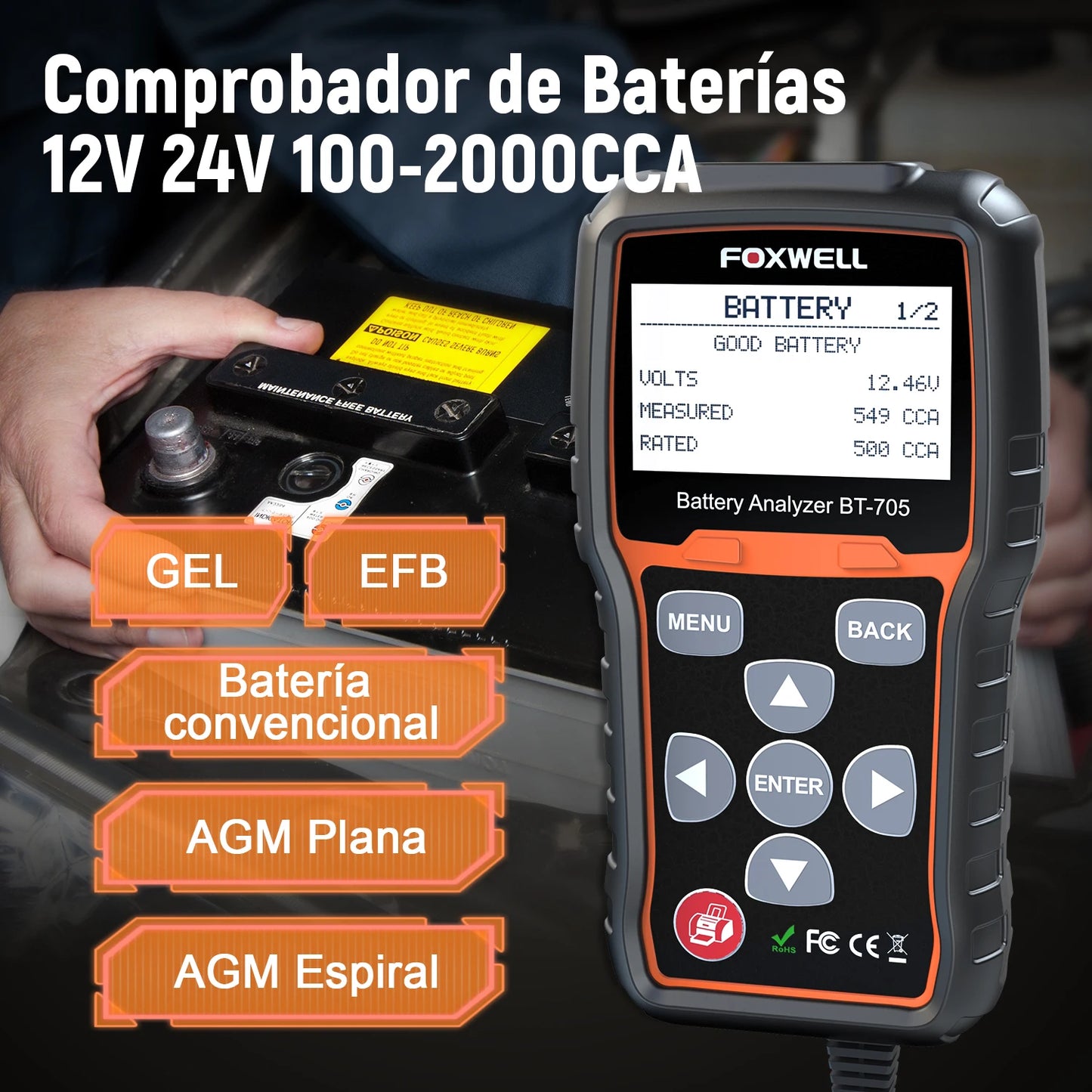 FOXWELL BT705 Car Battery Tester – 12V/24V Digital Analyzer for 100-2000CCA, Battery Load & Charging System Test