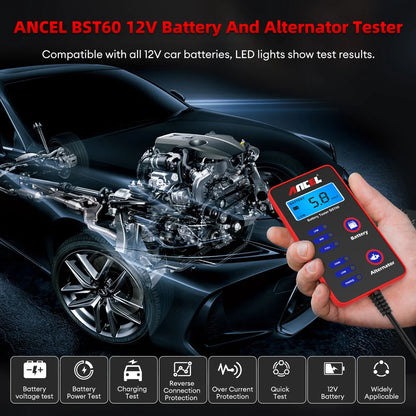 ANCEL BST60 12V Digital Battery Tester – Quick Test for Battery & Alternator Charging with Cigarette Lighter Adapter