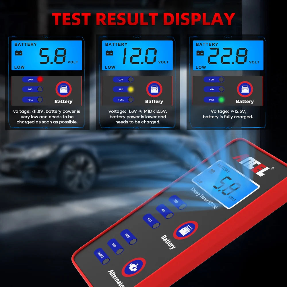 ANCEL BST60 12V Digital Battery Tester – Quick Test for Battery & Alternator Charging with Cigarette Lighter Adapter