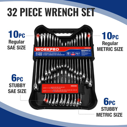 WORKPRO 32-Piece SAE & Metric Wrench Set – 20 Standard & 12 Stubby Wrenches with Organizer