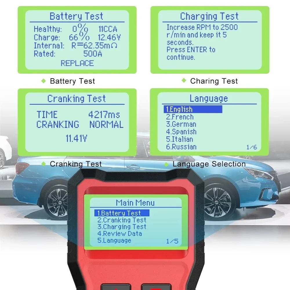 ANCEL BST100 12V Car Battery Tester – Multilingual Analyzer for Cranking, Charging & Circuit Tests