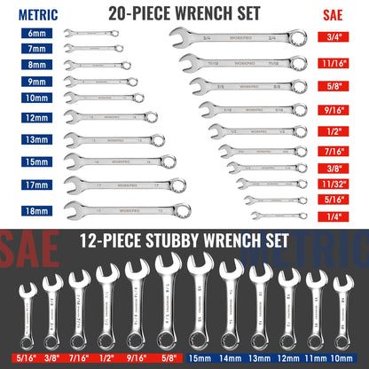 WORKPRO 32-Piece SAE & Metric Wrench Set – 20 Standard & 12 Stubby Wrenches with Organizer