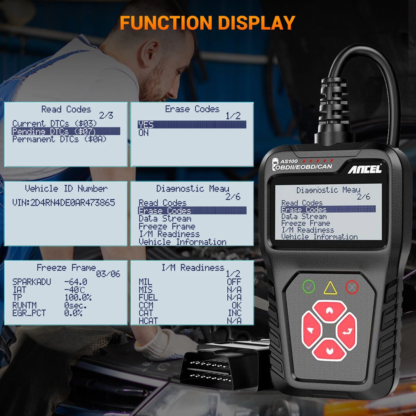 ANCEL AS100 OBD2 Scanner – Vehicle Code Reader for Check Engine Light & Full OBDII/EOBD/CAN Diagnostics, 2.4-inch Display