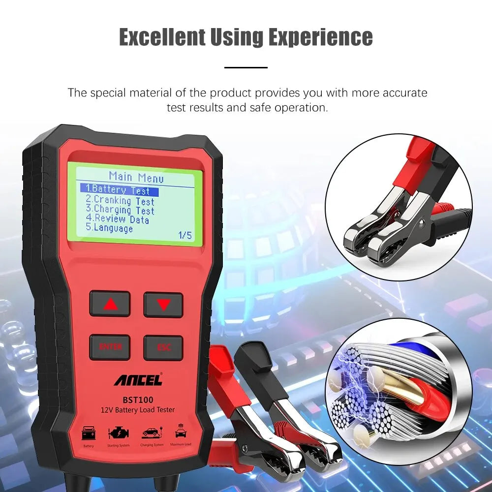 ANCEL BST100 12V Car Battery Tester – Multilingual Analyzer for Cranking, Charging & Circuit Tests